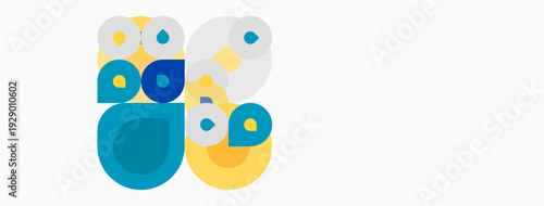 Abstract owl illustration. Blue, yellow circles form face, body. Minimalist design, simple shapes, clean aesthetic.