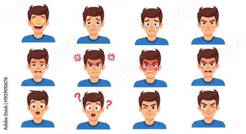 Diverse male expressions showcasing various emotions and feelings in a set of illustrations.