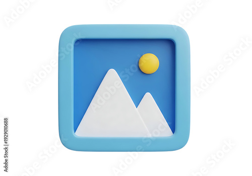 3D picture frame gallery icon with mountains and sun isolated on transparent background for media apps