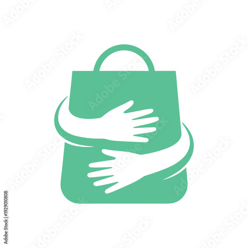 Green shopping bag with white hands embracing it from the side