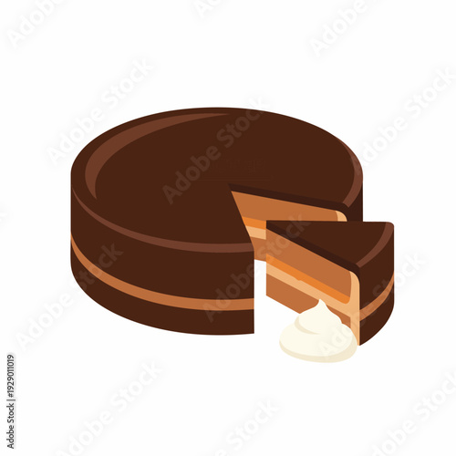 Indulgent layered chocolate cake with a neat slice removed, displaying its delectable caramel filling and topped with a creamy white swirl, presented as a charming vector illustration