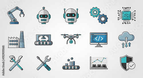 Collection of various technological icons representing industry and innovation concepts.