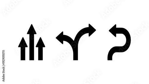 Set of black directional arrows showing forward, diverging, and turning path choices vector illustration