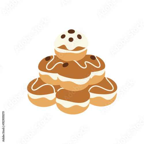 A delightful pyramid of freshly baked, sugar-glazed donuts, each a miniature masterpiece of confectionery art, offering pure joy and a sweet escape for cravings