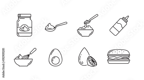 Mayonnaise Ingredients and Preparation Line Icons Set