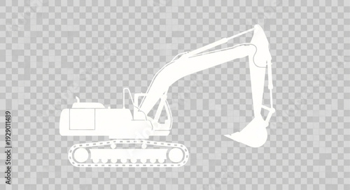 White excavator silhouette on transparent background, construction machinery.