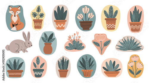 A charming collection of flat, stylized illustrations featuring various houseplants in pots, a cunning fox, and a gentle rabbit, perfect for decorative design elements.