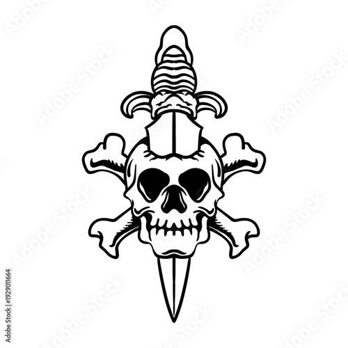 Skull with Sword Vintage Tattoo Style