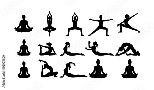 Silhouettes of Woman in Different Yoga Poses Black Vector Set