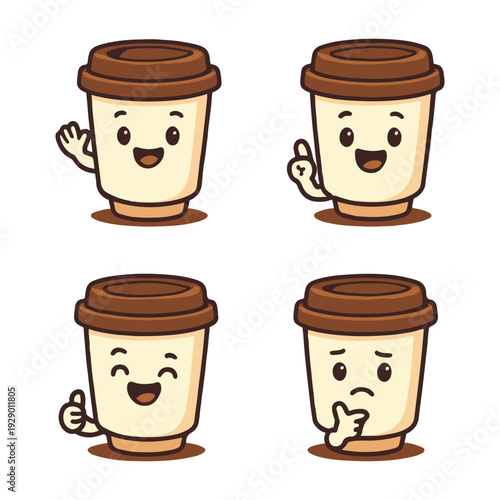 Funny Coffee Cup Character Set Cartoon Style