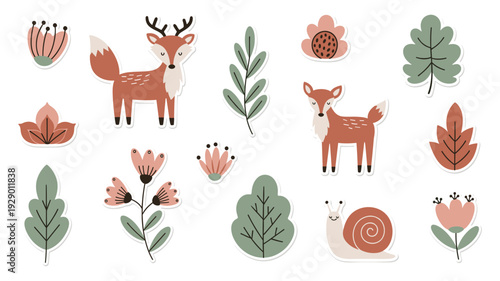 Charming collection of adorable forest animals including a deer, fox, and snail, alongside various stylized botanical elements like leaves and flowers, perfect for whimsical designs and children's