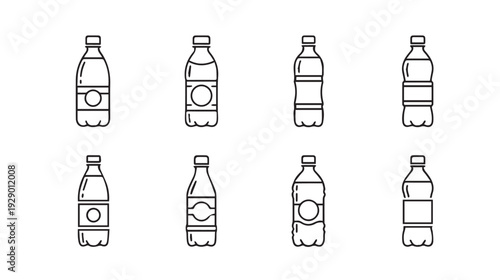 Set of eight outline icons depicting different plastic beverage bottles on a white background