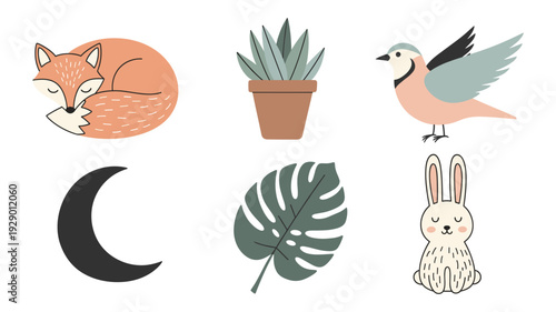 A charming collection of hand-drawn nature-inspired elements including a sleeping fox, potted plant, bird, moon, monstera leaf, and rabbit, perfect for whimsical designs.