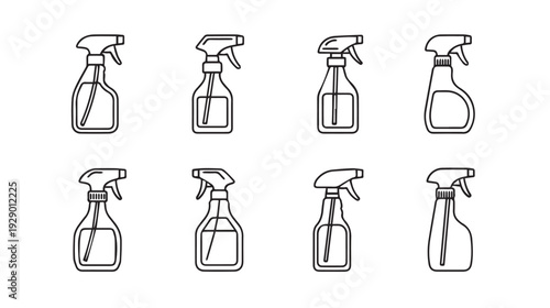 Set of eight spray bottle line art icons for cleaning and sanitizing diverse shapes