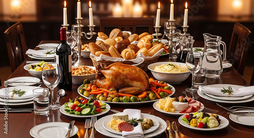Luxurious festive dinner table laden with roasted turkey, fresh bread, and side dishes, set for a celebratory feast.