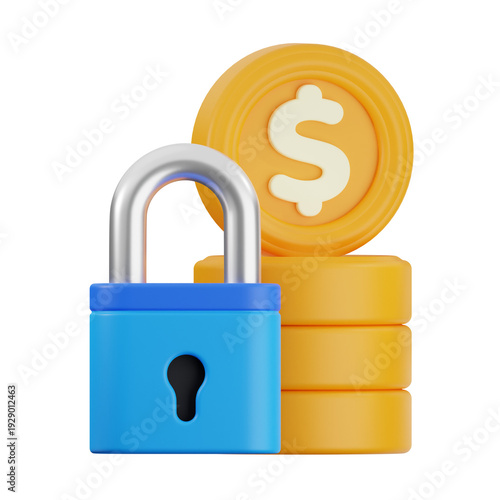 Blue padlock protecting stack of dollar coins