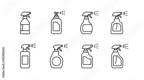 Set of spray bottles for cleaning household hygiene and disinfection icons