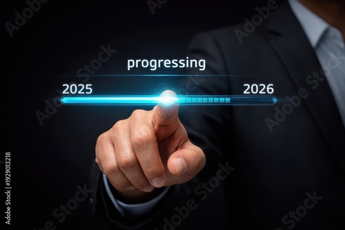 Business Progress Visualization: A corporate figure in a polished suit interacts with a futuristic, digital interface, highlighting progress towards 2026.