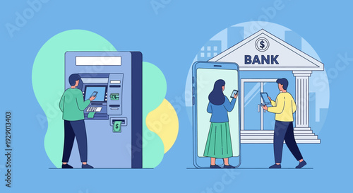People interact with bank, ATM and mobile for finance