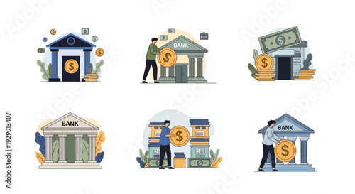Illustrations of people interacting with bank buildings and money at key locations.
