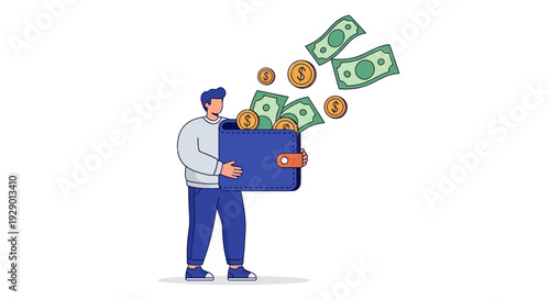 Man holding briefcase with money and coins flying out in financial scene