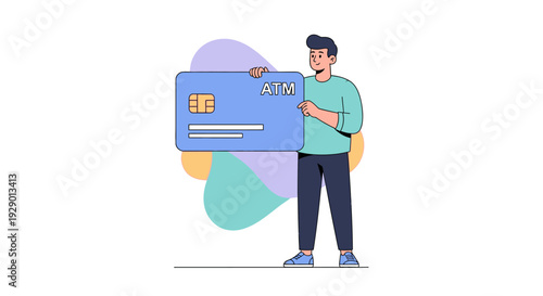 Man holding large ATM card in front of colorful shapes illustration