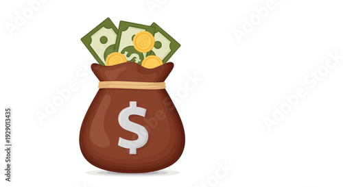 An illustration of a brown money bag filled with cash and coins on a white background, symbolizing wealth and financial success