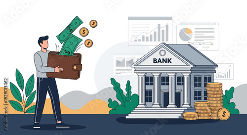 Man holding briefcase with money in front of a bank building on a sunny day