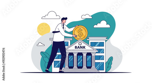 Man placing large coin into bank building illustration