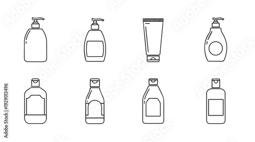 Various Cosmetic and Personal Care Bottles and Tubes Line Art Icons