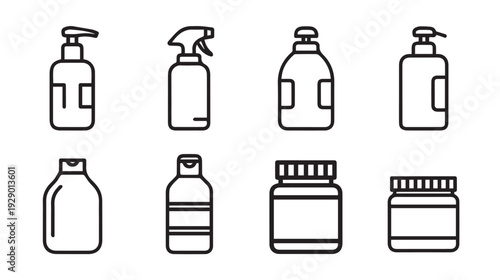 Various product containers and bottles icons with simple line art style
