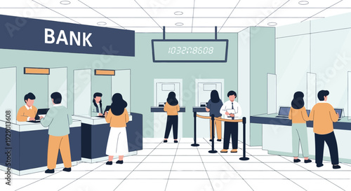 People in a modern bank interior with counters and digital screens on the wall