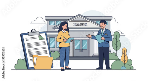 Businessman and woman discuss documents outside a bank building with a clipboard and folder
