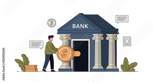 Man rolling large coin to bank entrance with speech bubbles and plants around