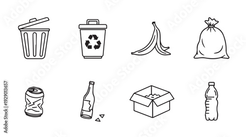 Waste and Recycling Icons: Bins Bottles Banana Peel Bag Box CanVector Line Art
