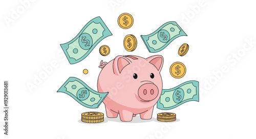 A cheerful pink piggy bank surrounded by falling money and coins outdoors.