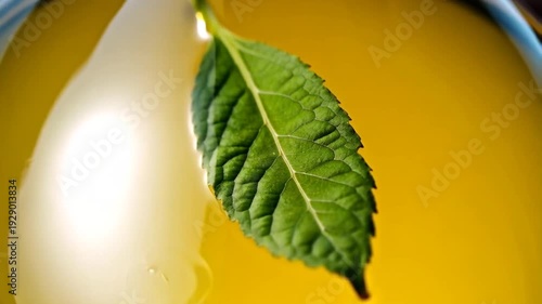 Captivating Close-Up of Fresh Green Leaf Floating on Golden Oil in Tranquil Setting Generative AI