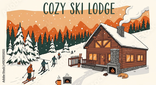 Cozy Ski Lodge Scene with Skiers and Snow Covered Mountains.