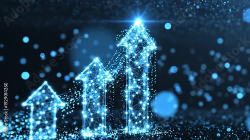 Digital growth arrows progressing upward with glowing network particles