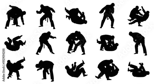 Wallpaper Mural Group of silhouettes of athletes in dynamic wrestling and martial arts poses, captured in action. Torontodigital.ca