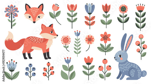 A charming collection of stylized folk art animals including a fox and rabbit, alongside decorative floral and berry elements, perfect for whimsical design projects.