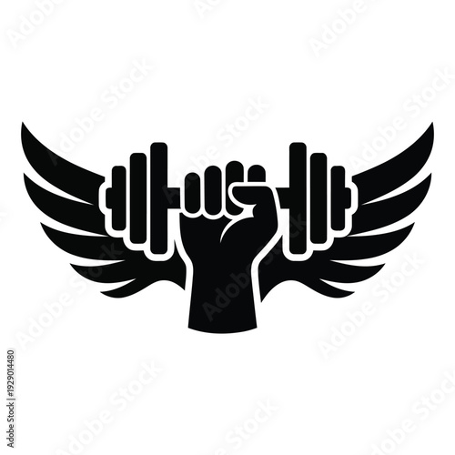 silhouette of a Powerful fist clutching a barbell with wings symbolizing strength and determination