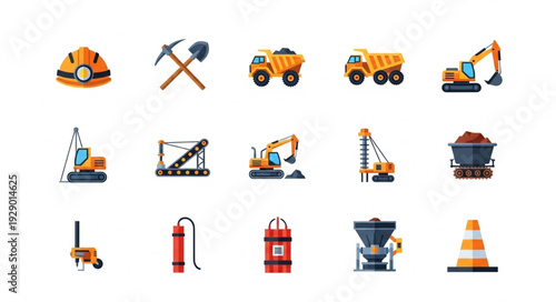 Construction equipment and tools collection, various machinery and safety items for building projects.