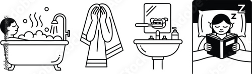 A person relaxing in a bathtub, with a towel nearby, getting ready for bed with a book, in a serene bathroom setting wqe