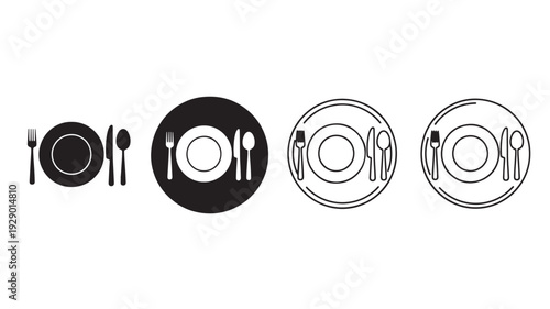 Place setting icons with plate, fork, knife and spoon in solid and outline styles for restaurant menu and dining symbols