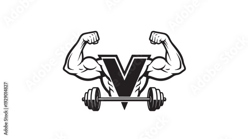 Logo gym fitness with letter V, flexing muscular arms and barbell icon in black and white vector emblem style