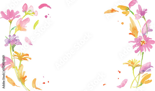 水彩画。水彩タッチの春のピンクと黄色の花イラスト。水彩のベクター植物フレーム。