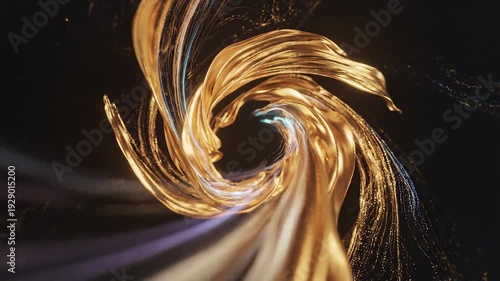 Golden swirling vortex abstract art on black background