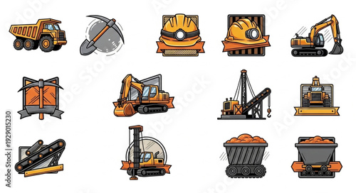 Collection of mining equipment and machinery in various illustrations and designs.