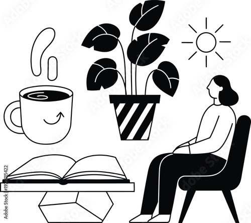 A woman sits in a chair, reading a book next to a plant and a cup of coffee wqe 157.